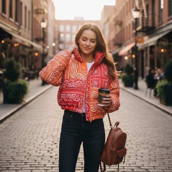 Puffer Jacket cropped Azalea Wang Orange Paisley Bandana Print M Y2K Dopamine - Picture 1 of 9